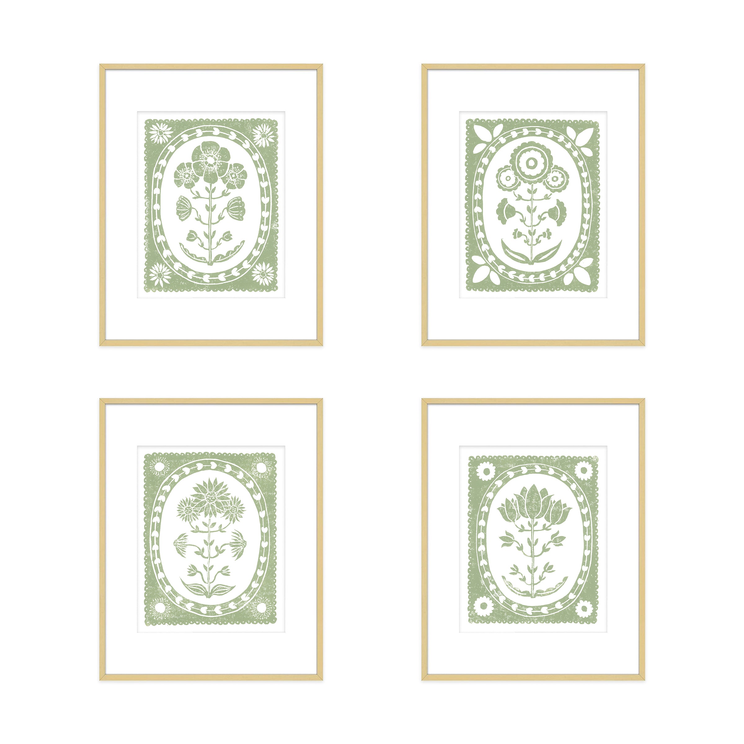 Sage Sunflower Botanical Block Print Artwork