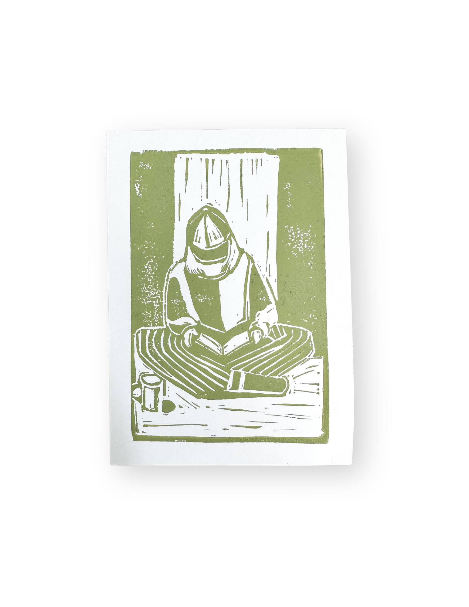 Reading Girl Hand-Made Linocut Print (Green)