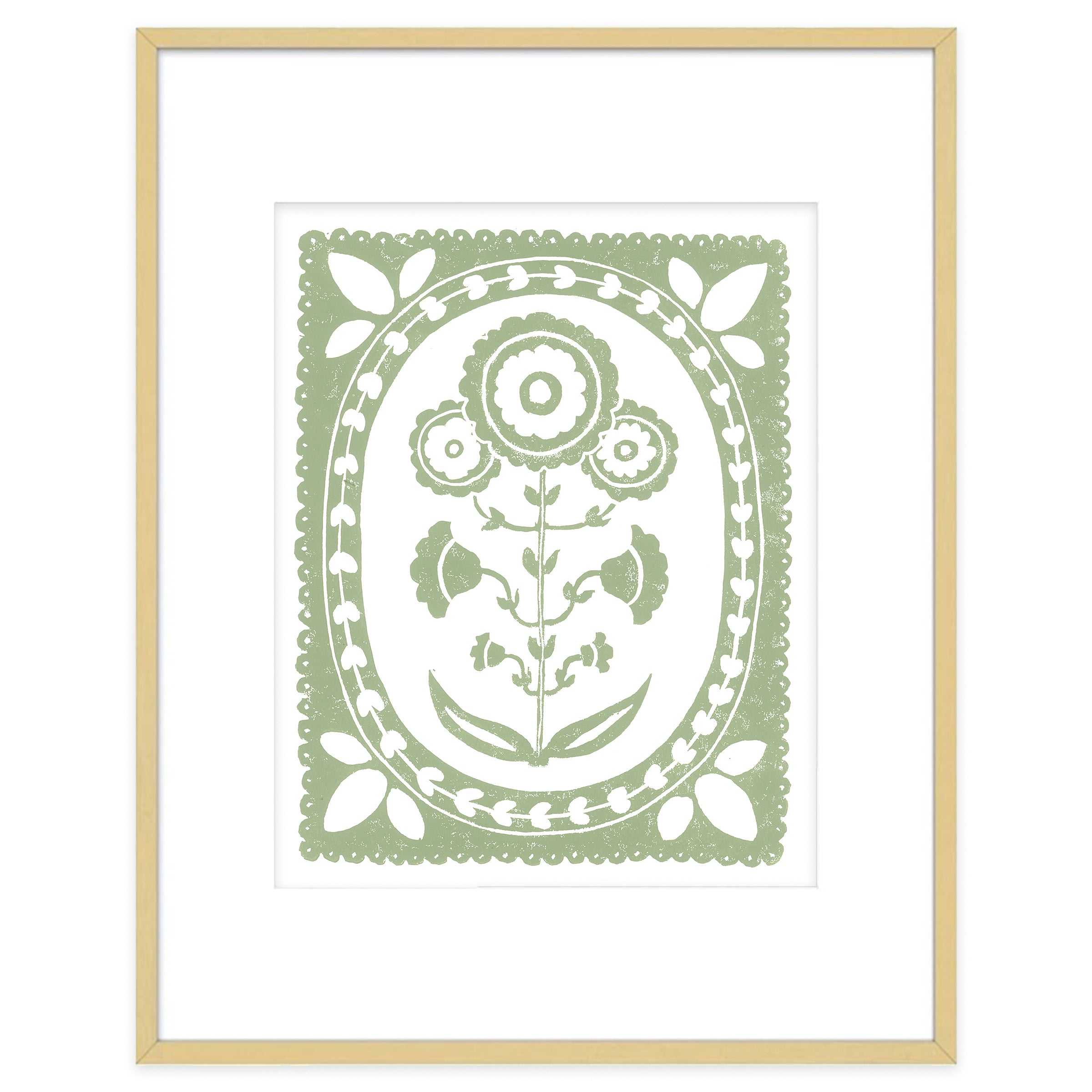 Sage Daffodil Botanical Block Print Artwork