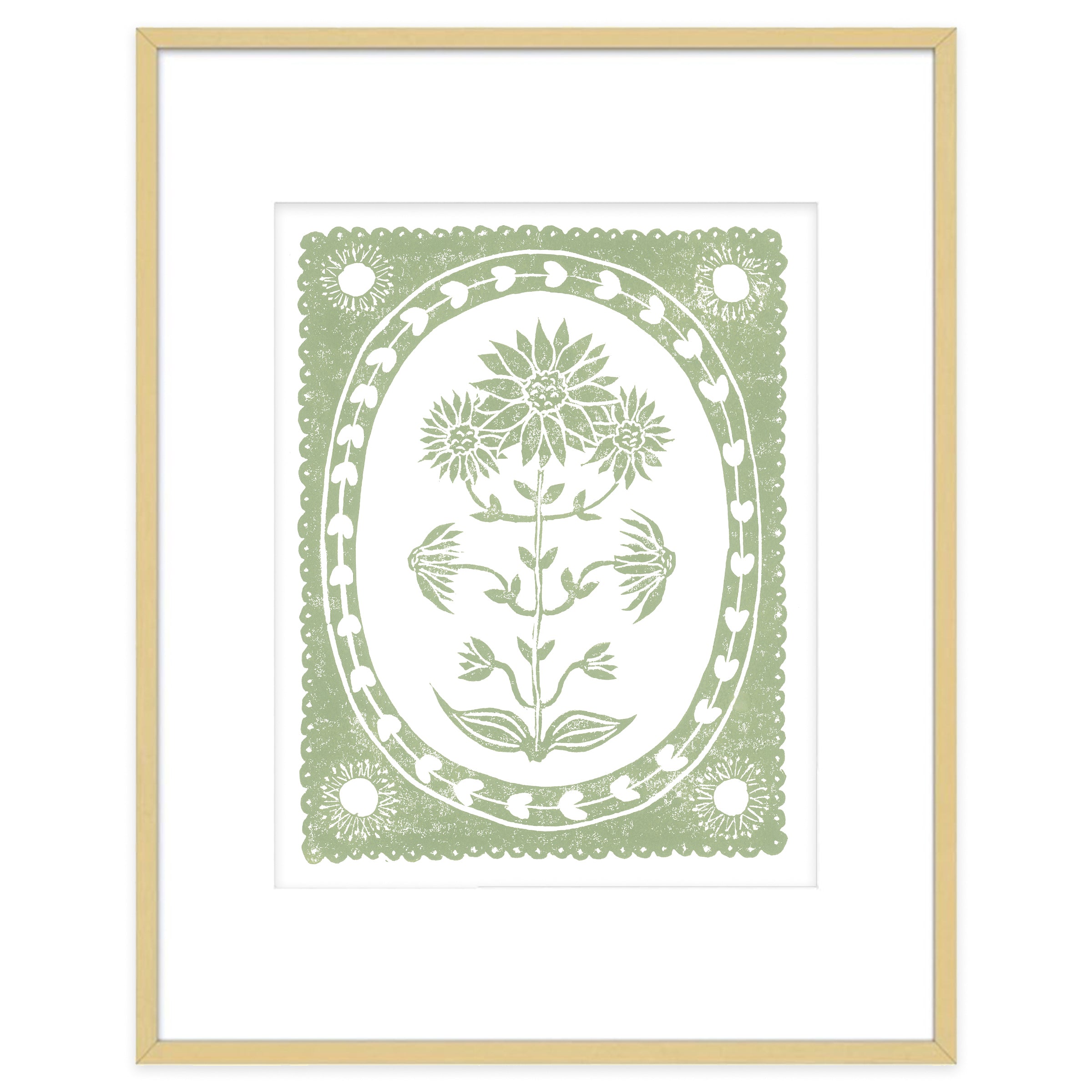 Sage Sunflower Botanical Block Print Artwork