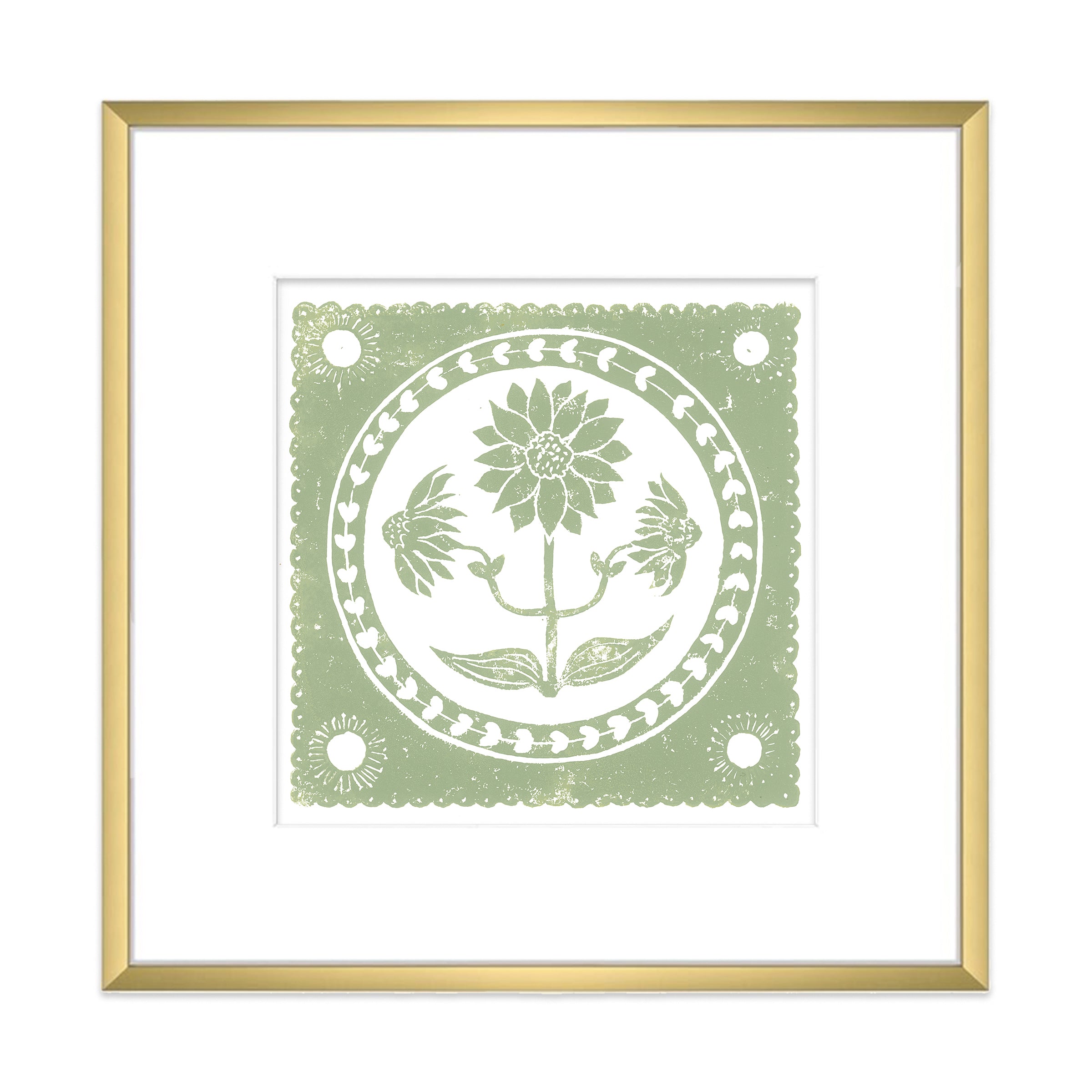 Sage Sunflower Botanical Block Print Artwork