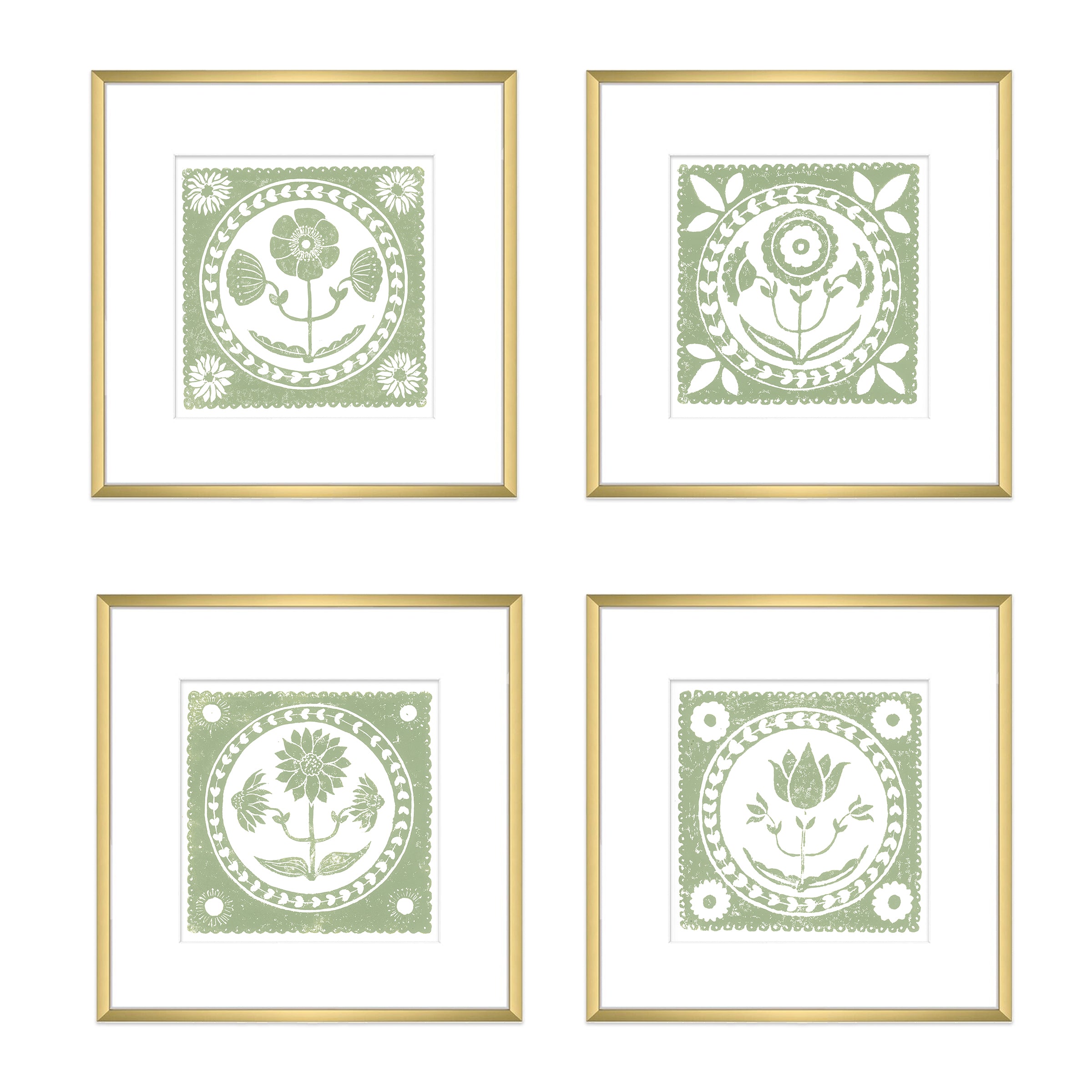 Sage Sunflower Botanical Block Print Artwork