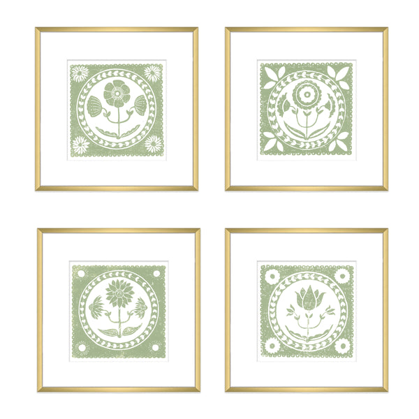 Sage Sunflower Botanical Block Print Artwork