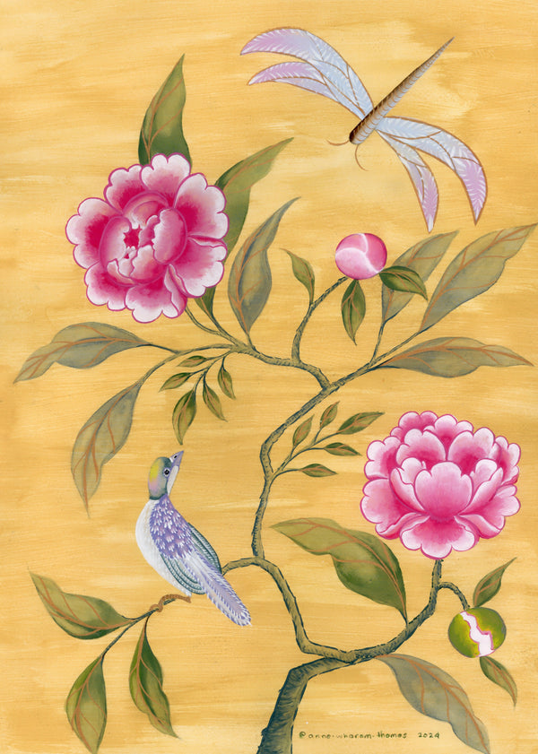 Pink Peonies Chinoiserie with Bird and Dragonfly