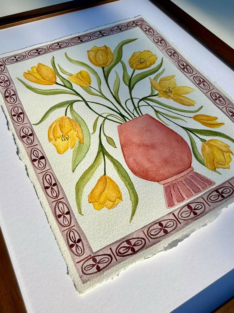 Yellow Tulips in Red Vase