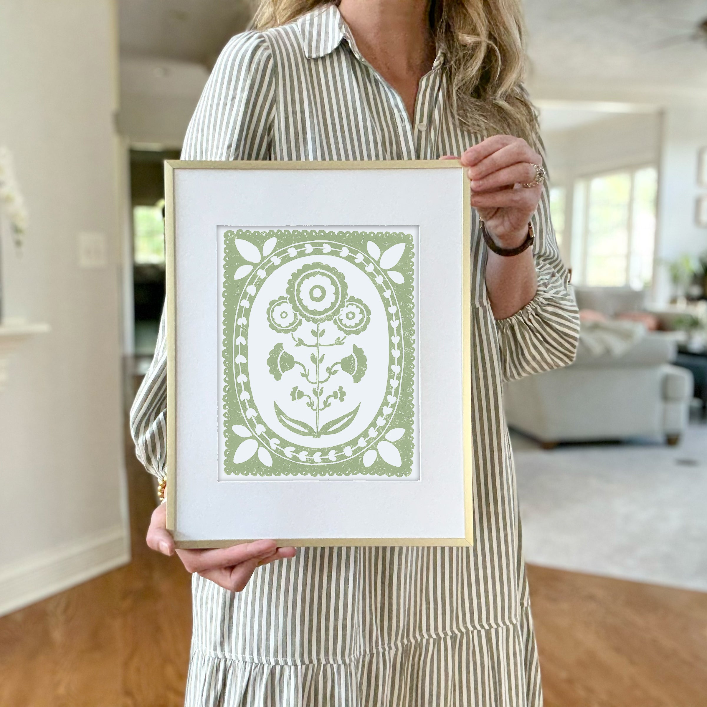 Sage Daffodil Botanical Block Print Artwork