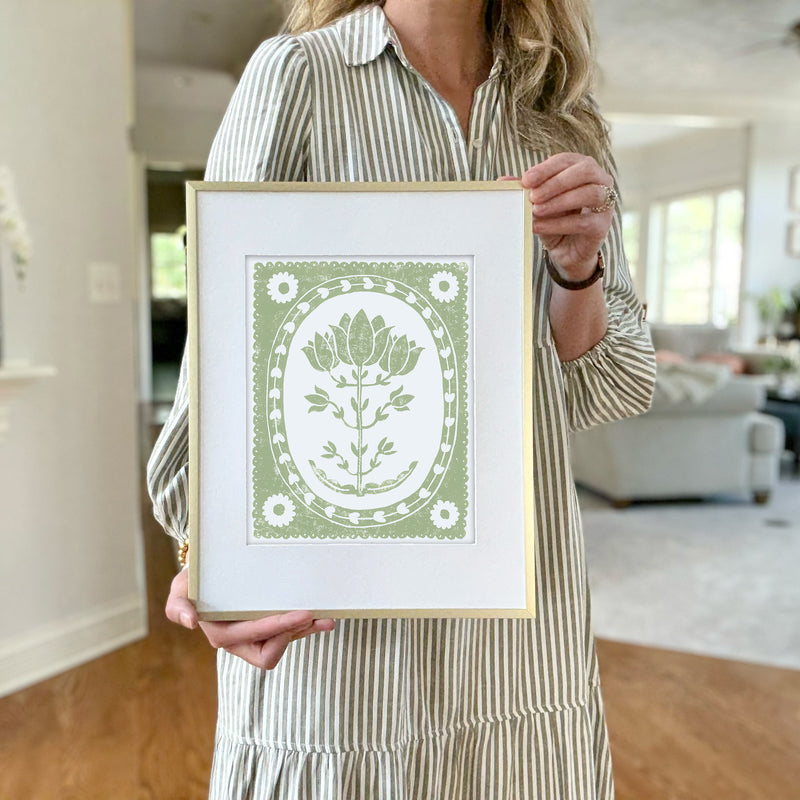 Sage Tulip Botanical Block Print Artwork