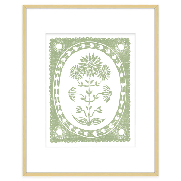Sage Sunflower Botanical Block Print Artwork