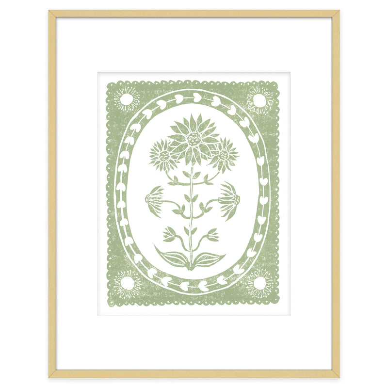 Sage Sunflower Botanical Block Print Artwork