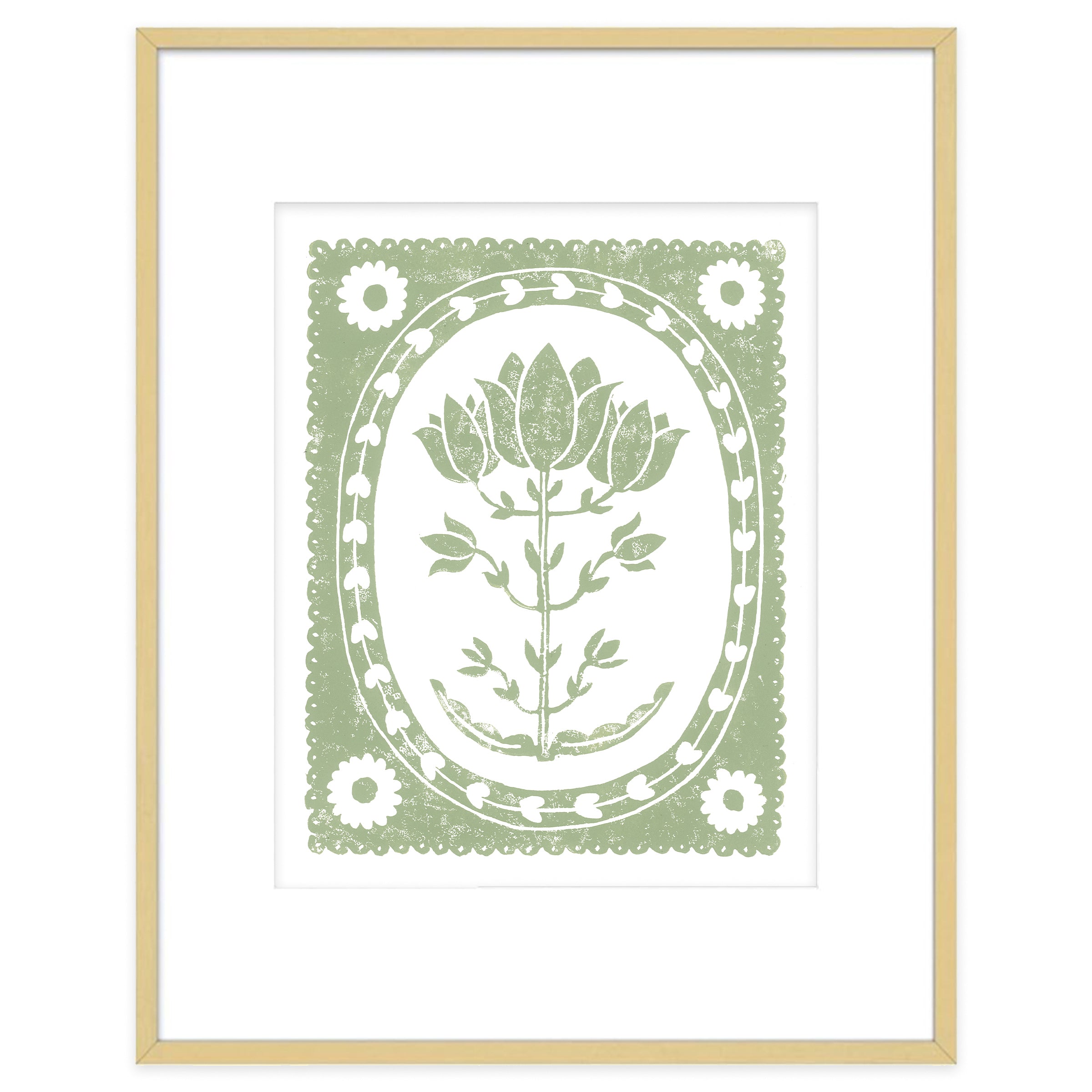 Sage Tulip Botanical Block Print Artwork