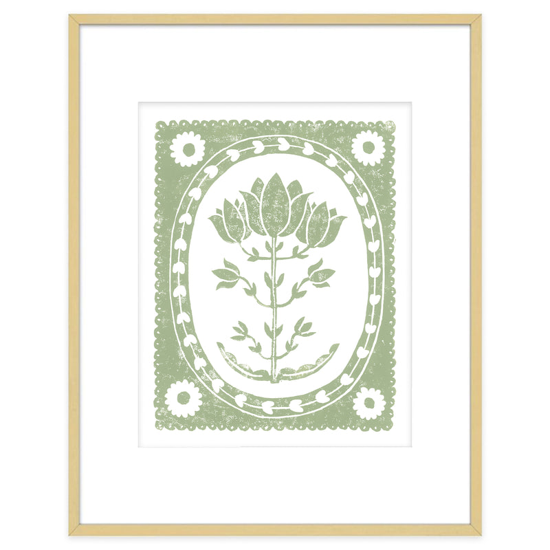 Sage Tulip Botanical Block Print Artwork
