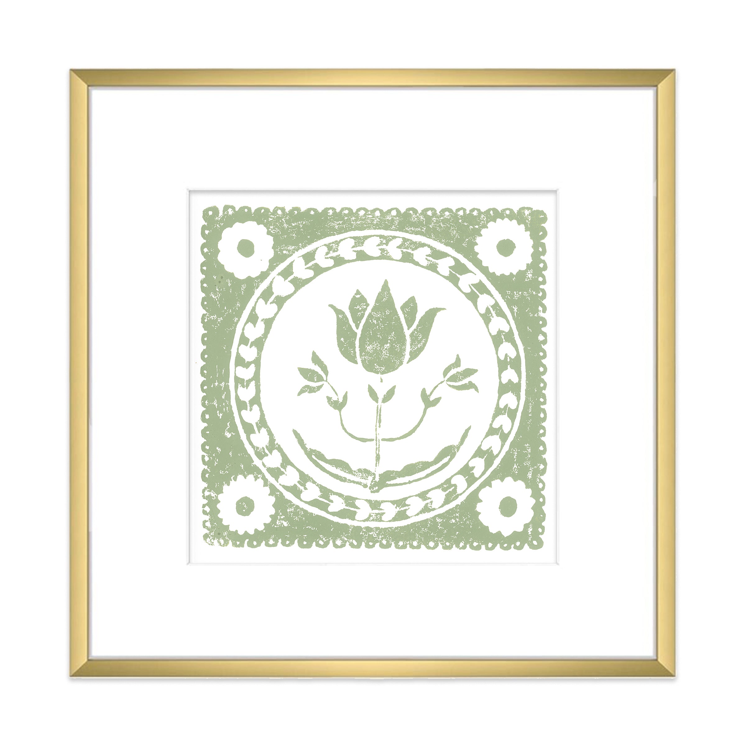 Sage Tulip Botanical Block Print Artwork