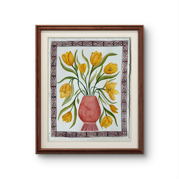 Yellow Tulips in Red Vase