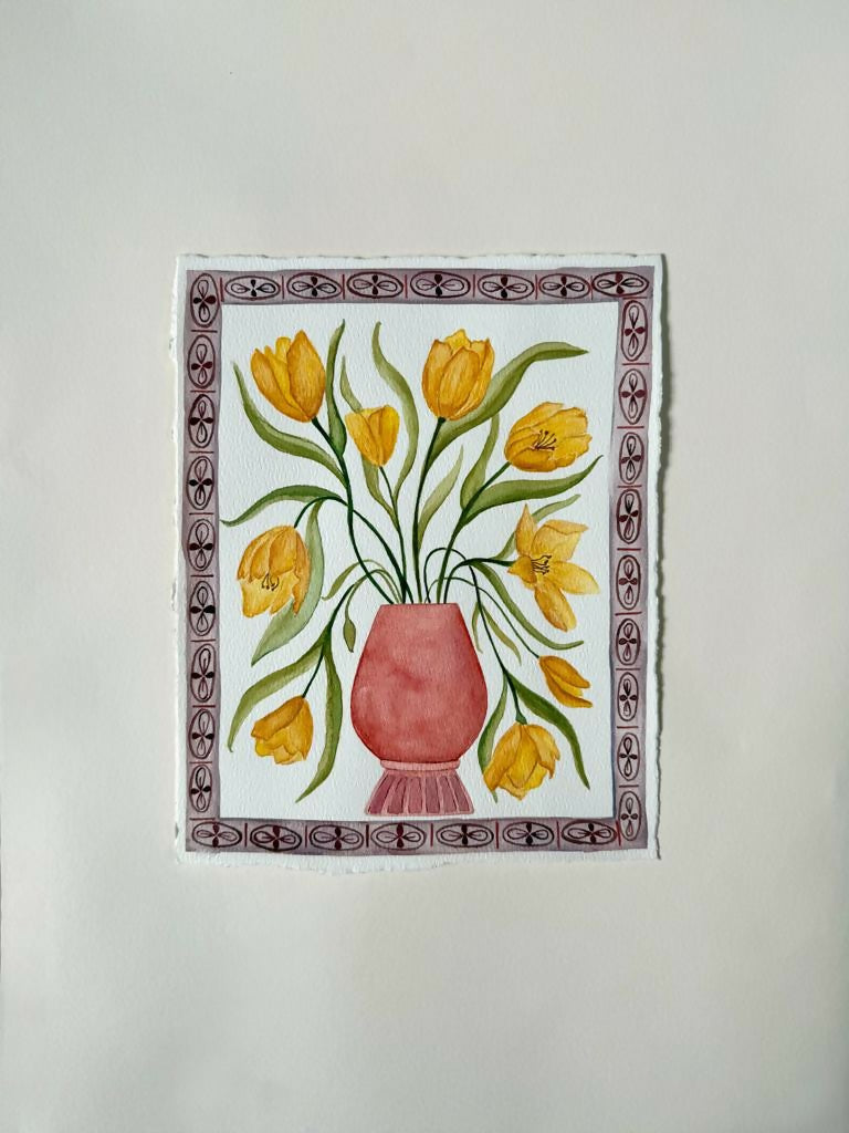 Yellow Tulips in Red Vase